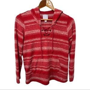 SUNDAY RED AND WHITE STRIPED SOFT LONG SLEEVE LACE UP FRONT HOODED SWEATER SZ XS